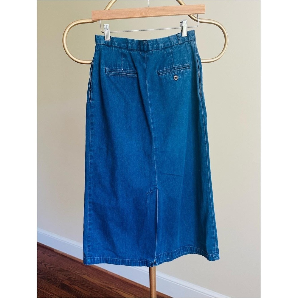 Vintage Lands End Denim Midi Skirt Blue Cotton Pleated High Waist Made in USA - Picture 7 of 7